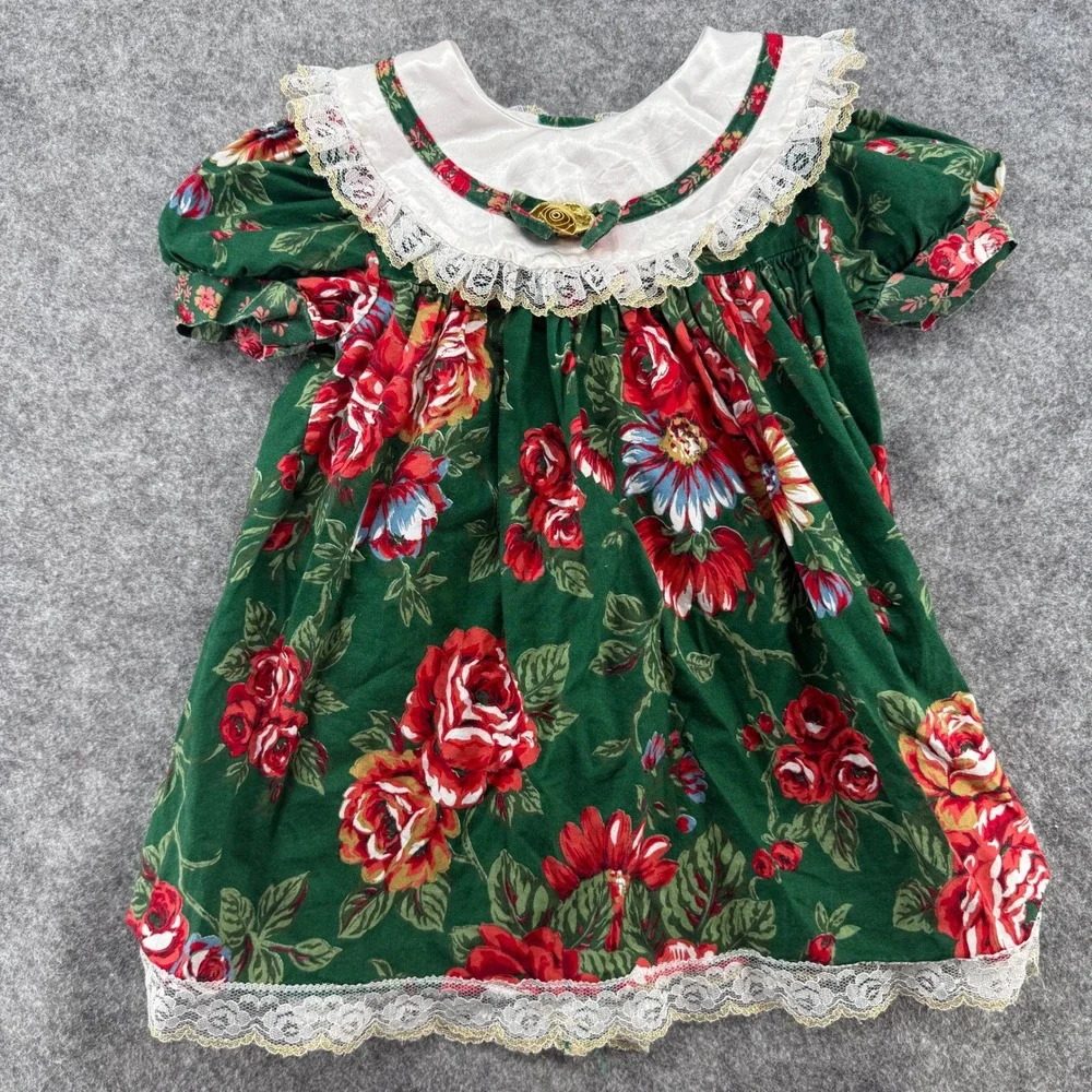 Jo Lene Floral Rose Dress Kids Size 2T Green Red Lace Trim Vintage Style USA